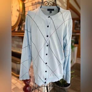 Karen Scott light blue button down sweater w/black&purple lines XXL